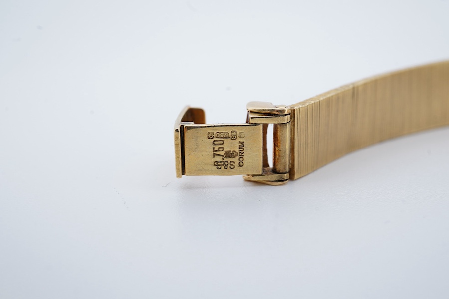 A lady's 1960's 18ct gold manual wind bracelet watch, overall length 16.5cm, gross weight 37.1 grams. Condition - fair to good